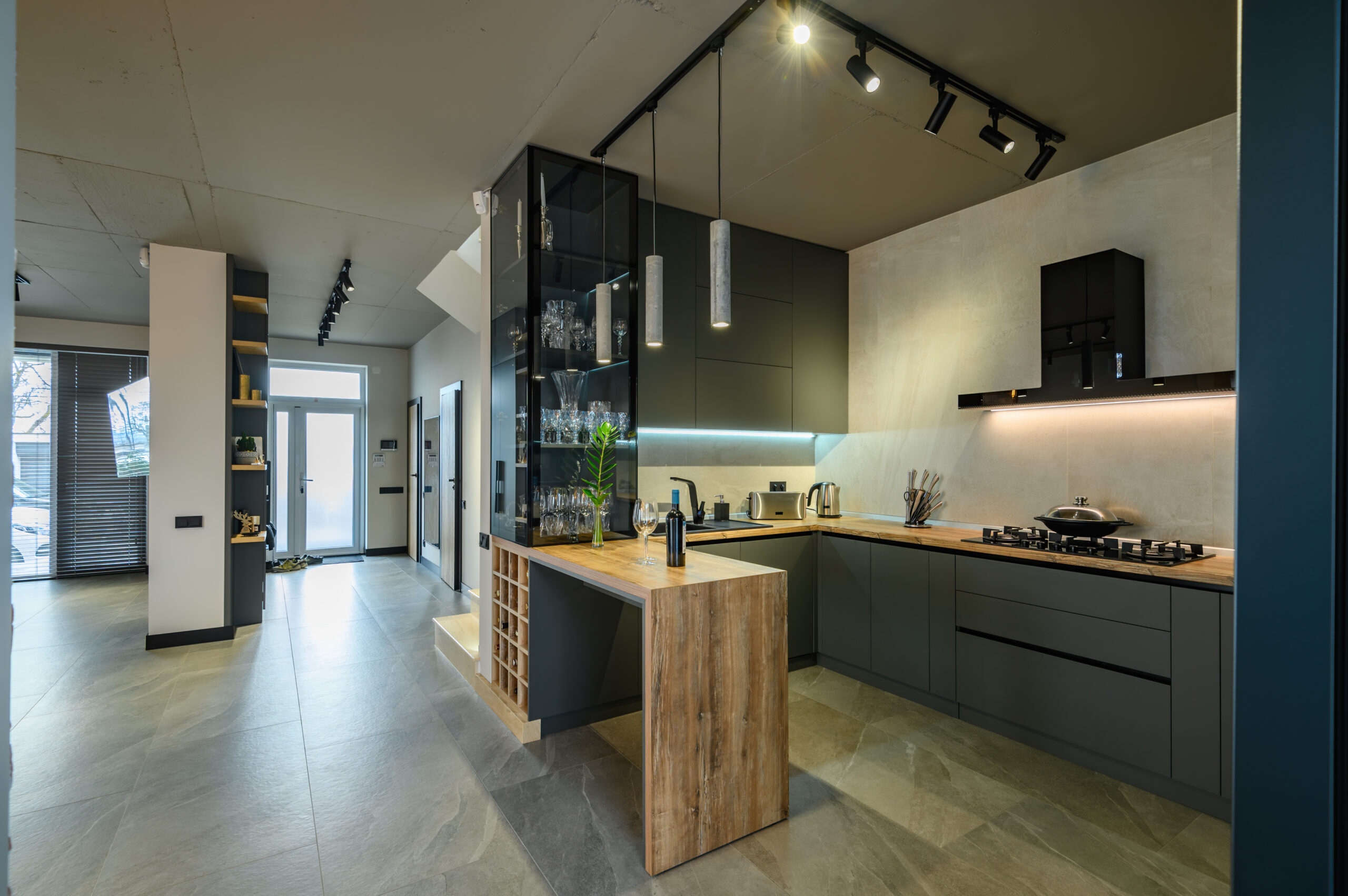 Modern luxury loft studio apartment interior with kitchen, large living room and entrance hall