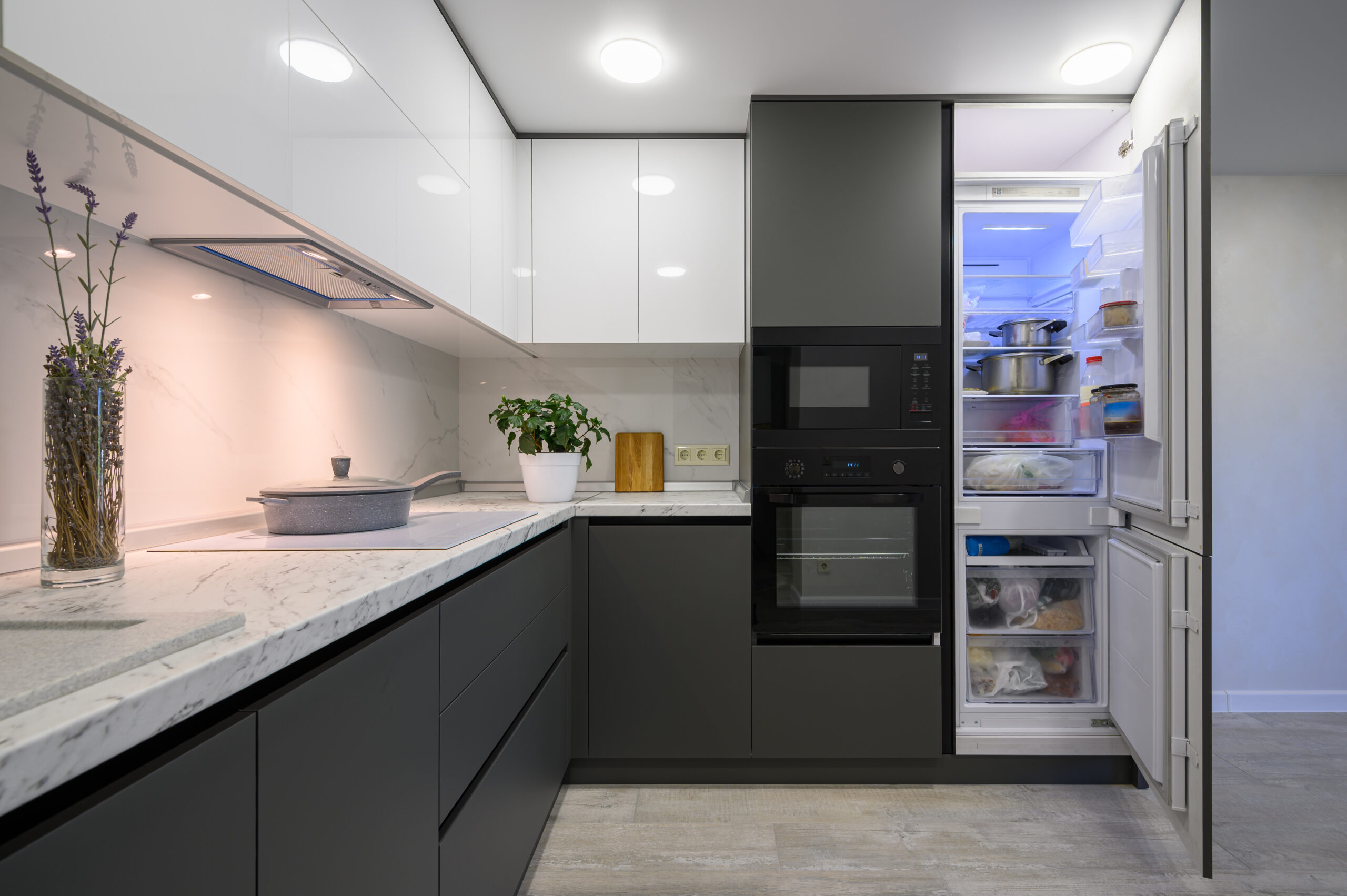 Showcase interior of modern simple trendy dark grey and white kitchen with fridge open